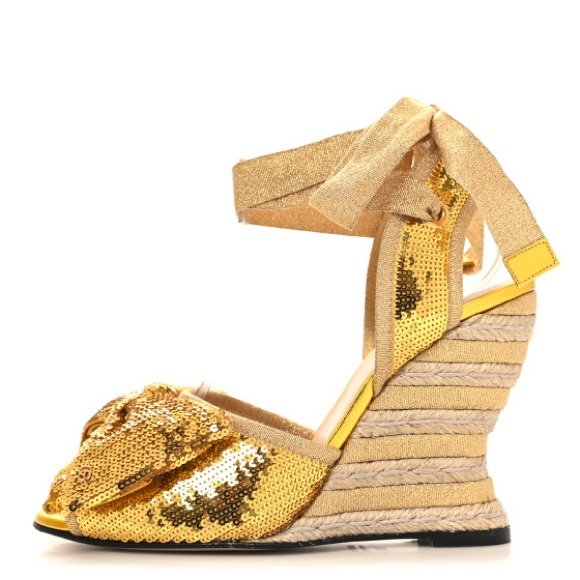 Gucci Gold Ankle Strap Raffia Bow Embellished Wedge Espadrilles IT37 NIB - Picture 2 of 2